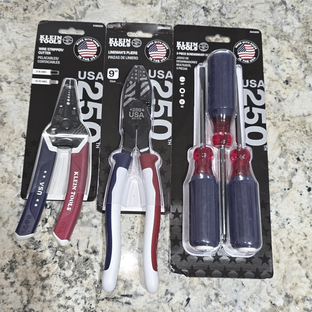 Klein Tools 250th USA Anniversary Set: 9" Lineman Pliers, Strippers, 3pc...